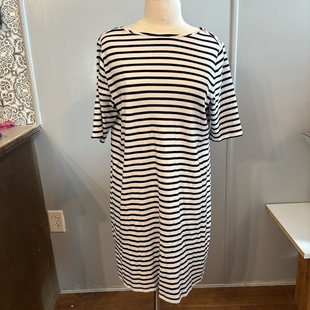Jones New York Classic Striped Black White Dress Boat Neck Cotton (XL)‎
